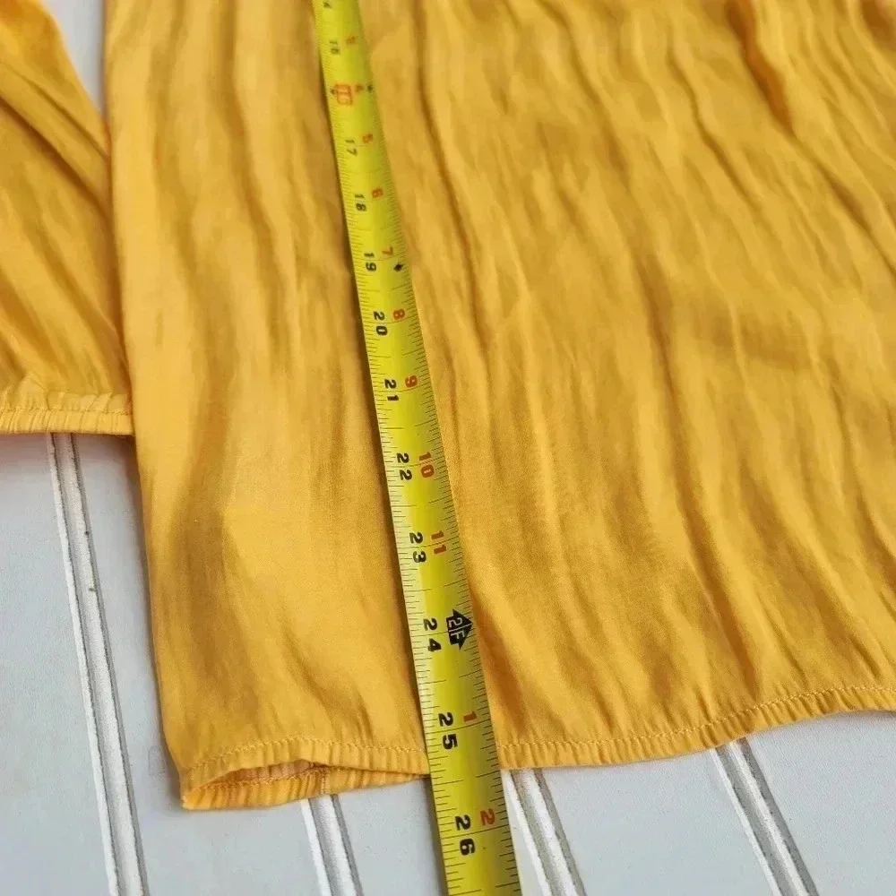LOFT Top Yellow Silky Feel Puff Sleeve Round Neck Crinkle Fabric Long Sleeve S